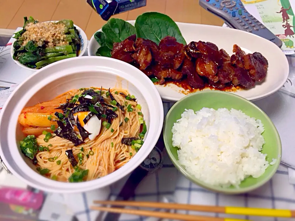 Snapdishの料理写真:Braised pork,  Spicy korean noodle,  Boiled Malabar spinach.  時短角煮、ビビン素麺、ツルムラサキおひたし。|mrndさん