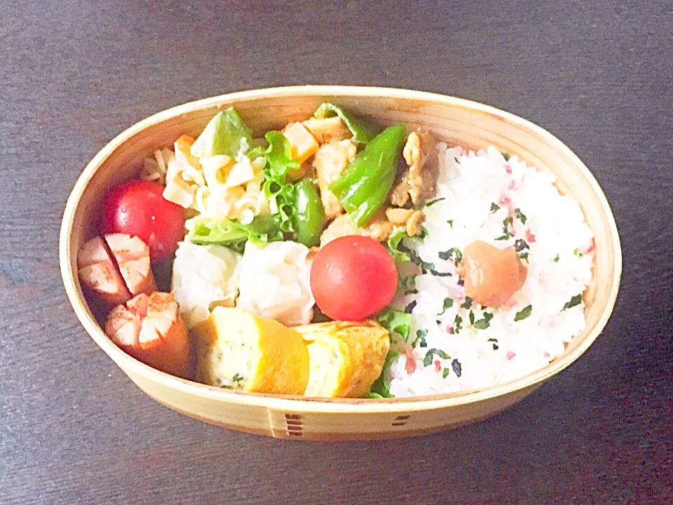 Snapdishの料理写真:曲げわっぱ弁当♡ピーマンと豚肉の味噌炒め|Harukaさん