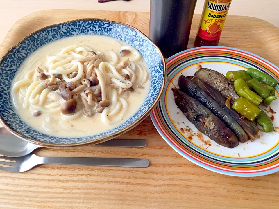 豆乳クリームうどん、焼き茄子&シシトウ✧*|Makiさん