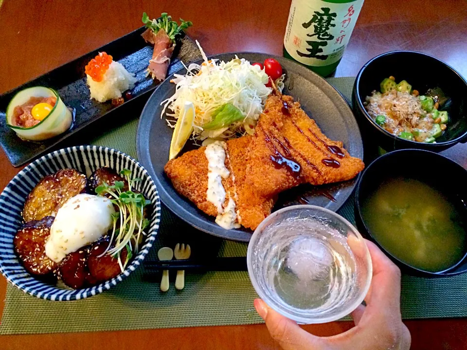 Today's dinner🍴前菜･鯵ﾌﾗｲ･茄子の照り玉どぉ〜ん･ｵｸﾗ納豆･葱とあおさのお味噌汁|🌈Ami🍻さん