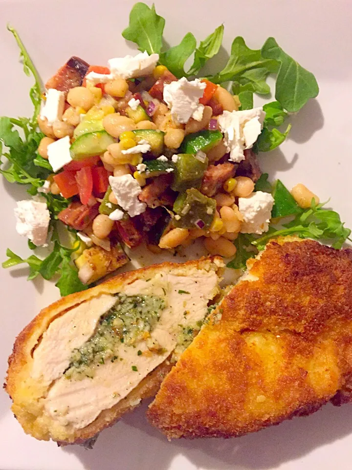 Snapdishの料理写真:Chicken Kiev, Warm White Bean Chorizo Zucchini Corn + Feta Salad|Chrisy Hillさん