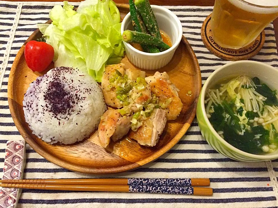 ネギ塩チキン  ゆかりご飯 オクラの胡麻和え ほうれん草と卵のスープ|haseseさん