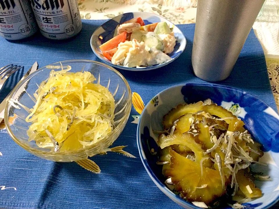 Snapdishの料理写真:ソーメン瓜、ゴーヤの酢の物、サラダ三点セット✨|あろはさん