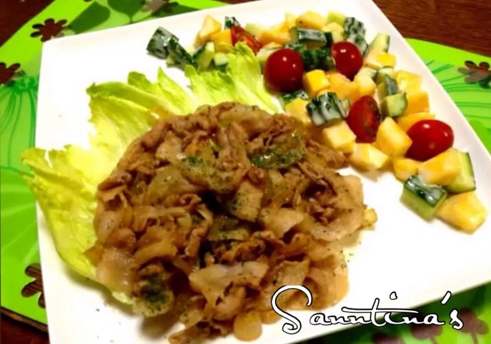 ✨Ginger-flavored Pork with sliced onion & Mango salad😋二人の晩ごはん、生姜焼き風のポーク&玉ねぎ炒め...マンゴーサラダと頂きます😋|🌺Sanntina🌺さん