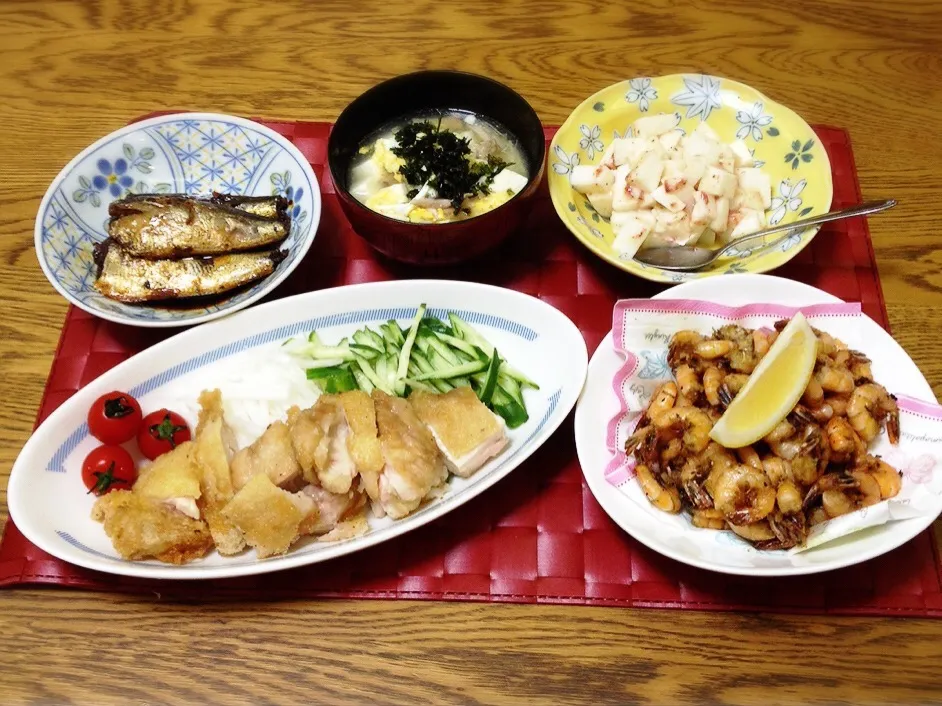 鰯の煮物・サンラータン・長芋の梅醤和え・小エビの唐揚げ・鶏のパリパリ焼きマリネ|美也子さん