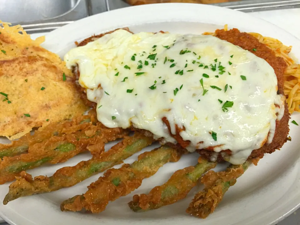 Eggplant Parm over Linguine Marinara w/Fried Asparagus|Chef Ampさん