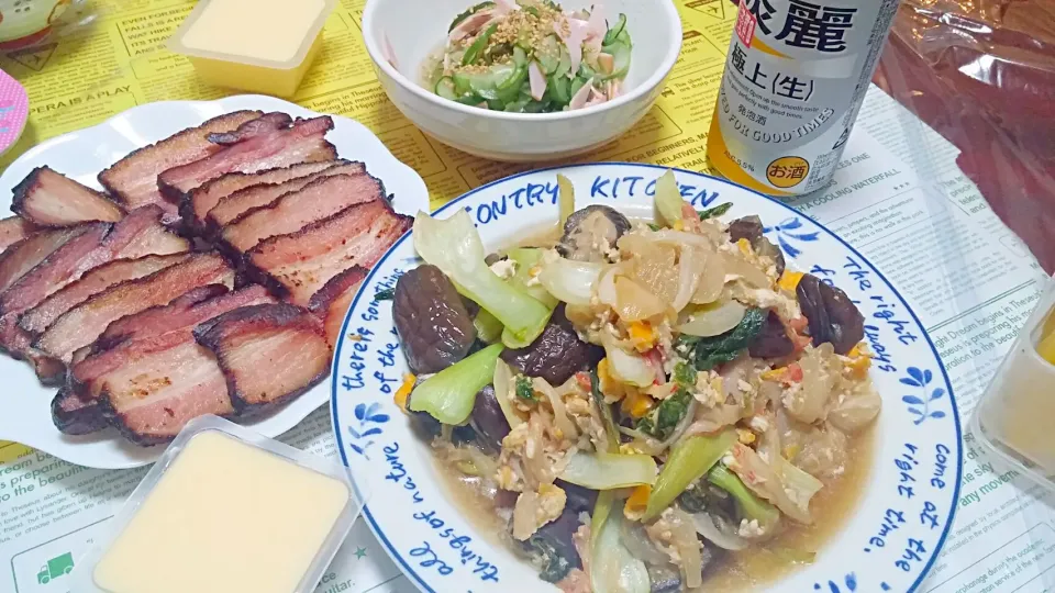 野菜と卵の中華炒め☆厚切りベーコン☆卵豆腐☆キューリハムの酢の物|みぽりんさん