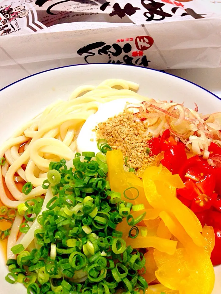 Cold Udon topped with condiments, vegetables, and soft boiled egg. Served with soy sauce based broth.
冷やしサラダぶっかけうどん|pinkcamomillaさん