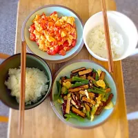 Chinese dinner tofu/jalapeños pepper/eggs and tomato/eggs.|Aurora ZCさん