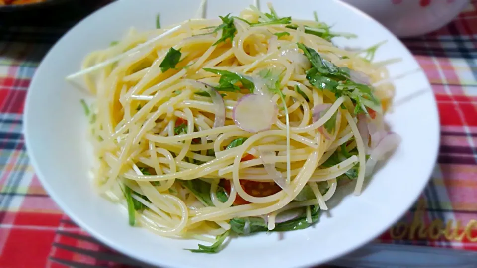 水菜と赤玉ねぎの冷製パスタ|お料理修行中さん