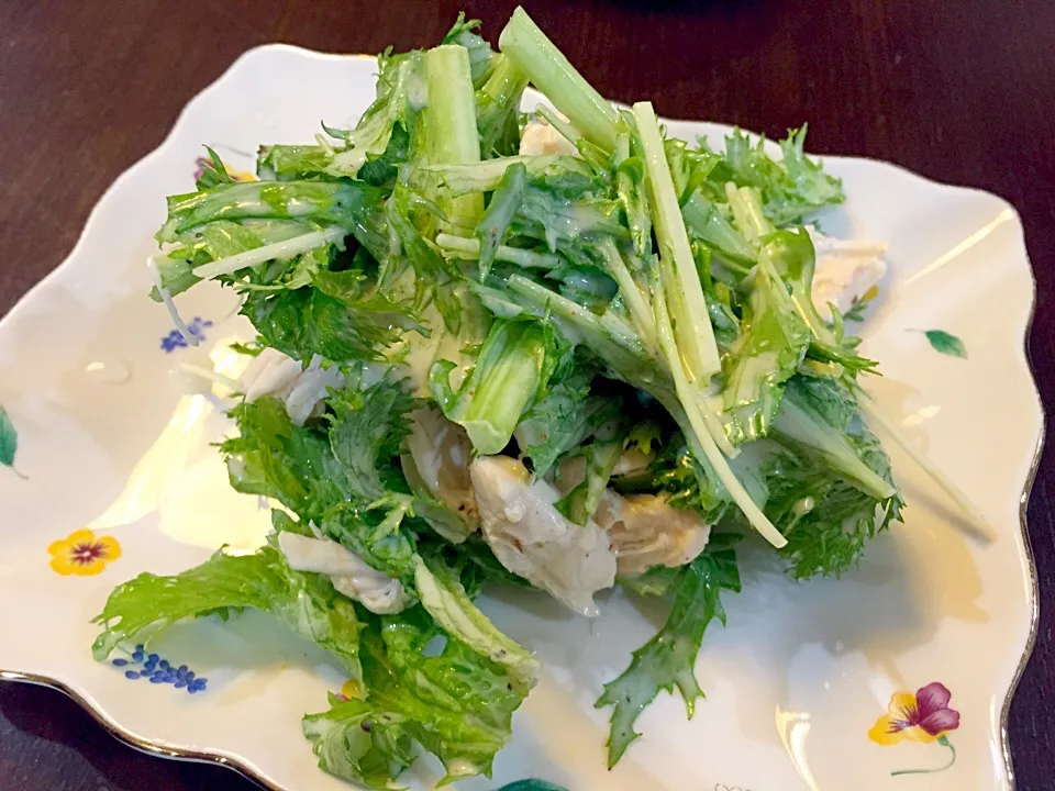 わさび菜と水菜とササミのカレー風味ドレッシング|chikaさん