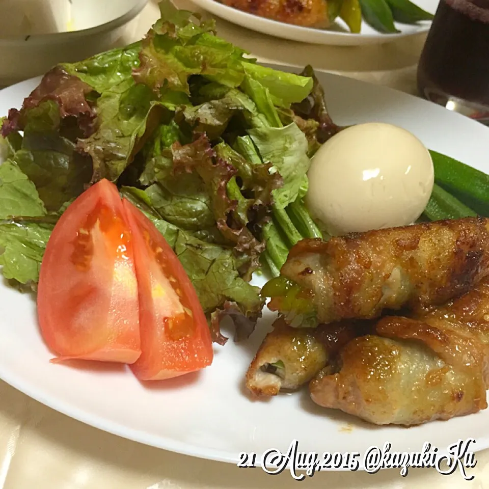 Snapdishの料理写真:今日の晩飯 自家製味玉と福耳唐辛子の豚バラ巻き焼肉のタレ絡め焼き|九條 一希さん