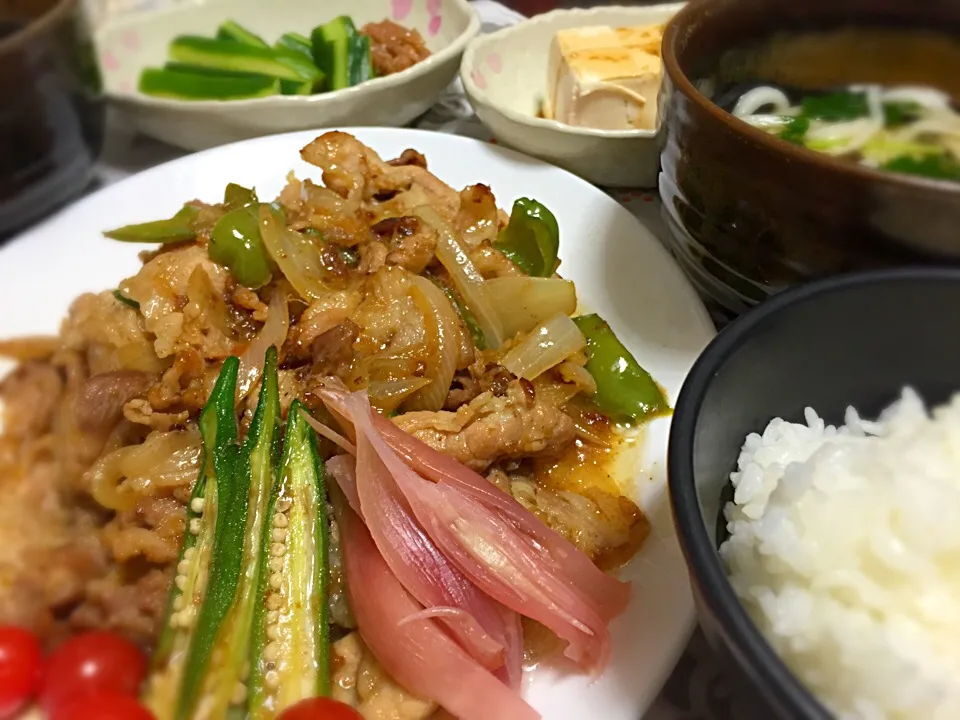 Snapdishの料理写真:梨が隠し味の生姜焼き風肉野菜炒め。ウメキュウ、冷や奴など。|もじゅさん