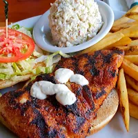 fresh blackened red snapper sandwich with coleslaw and fries from the pack porch in destin florida|Ben Youngbloodさん