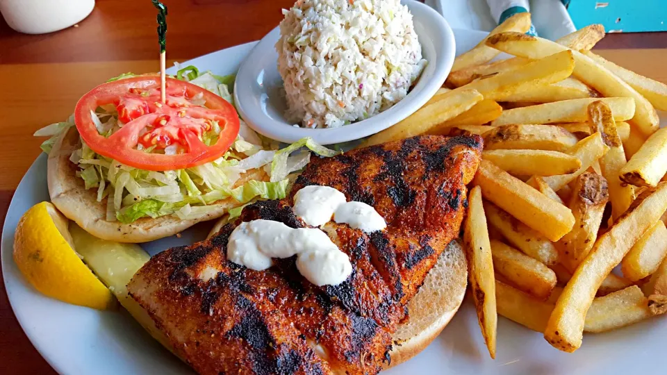 fresh blackened red snapper sandwich with coleslaw and fries from the pack porch in destin florida|Ben Youngbloodさん