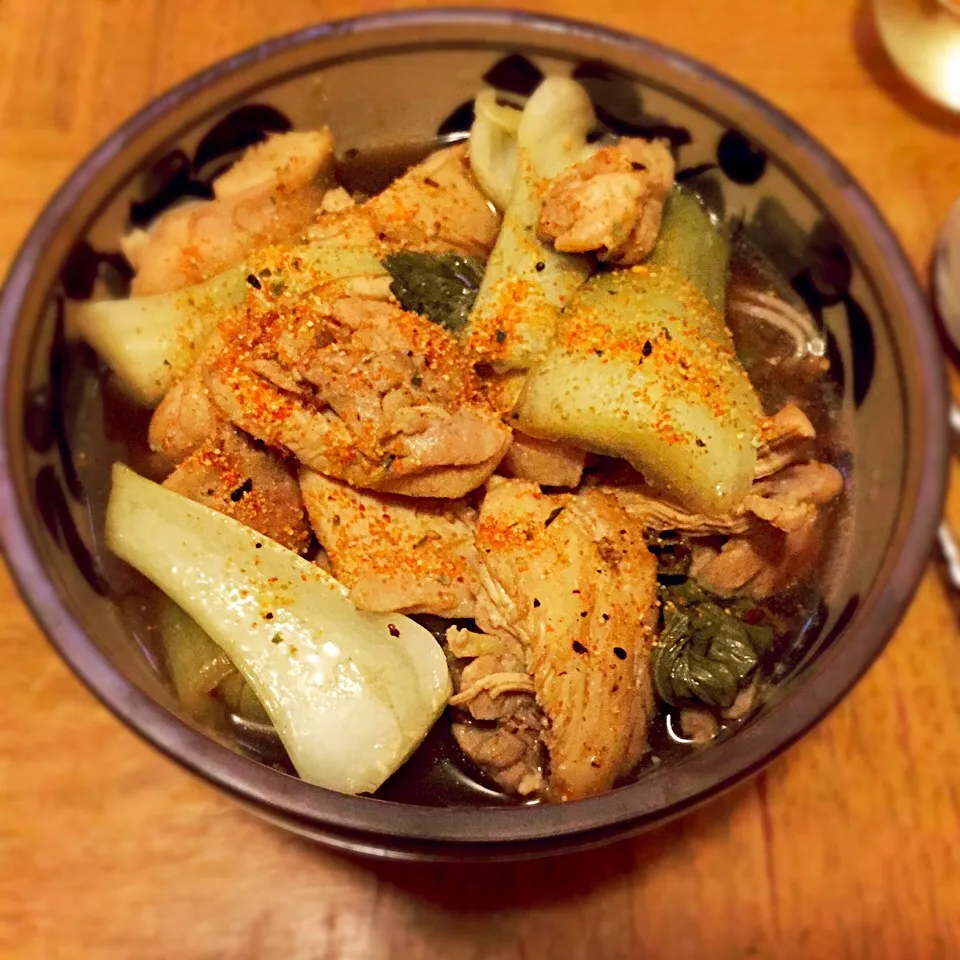 Spiced chicken thighs with bok choy and soba noodles in a soy anise broth.|West Coast Southernerさん