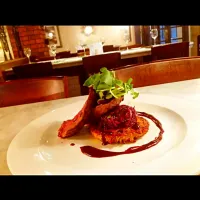 haunch of venison, root vegetable cake with braised red cabbage and port wine sauce