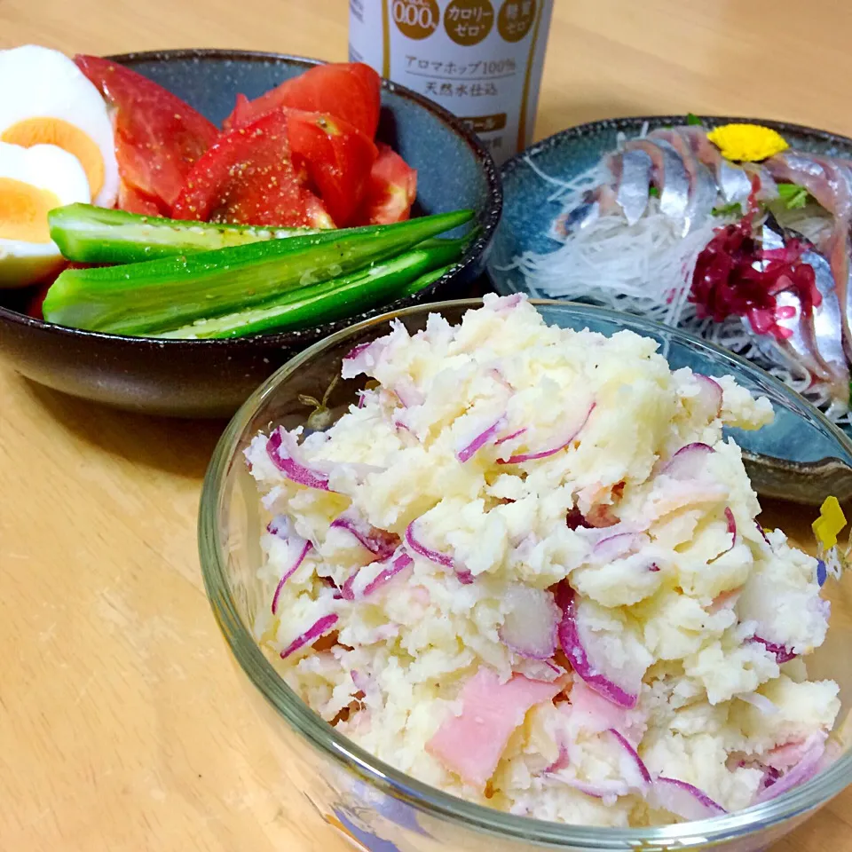 今日の晩酌〜ポテトサラダ・野菜サラダ・さんまの刺身…ノンアルだけど。|たまこっこさん