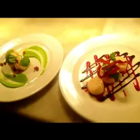 scallops with chorizo crumb and minted pea puree,  scallops with beetroot and balsamic reduction.|Lewis Jonesさん