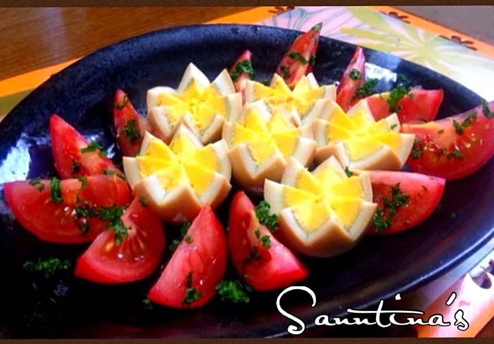 ✨EGG&TOMATO Salad...味付け卵&🍅トマトサラダ...卵は一晩麺つゆに付けただけ^_^とても簡単✨😋|🌺Sanntina🌺さん