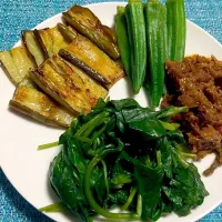 Snapdishの料理写真:Fried Talong , Boiled okra & kankong with sautéed shrimp w/ pork. "COMBI"|Ca Ke Ryさん