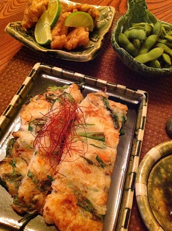 素麺チヂミ  鶏の唐揚げ  枝豆|izunさん