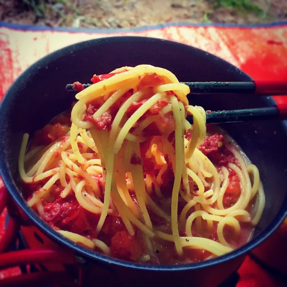 トマトとコンビーフのパスタ🍝|ラー山さん