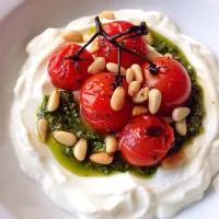 Snapdishの料理写真:Savory breakfast of Greek yogurt with homemade pesto, roasted cherry tomatoes & pine nuts