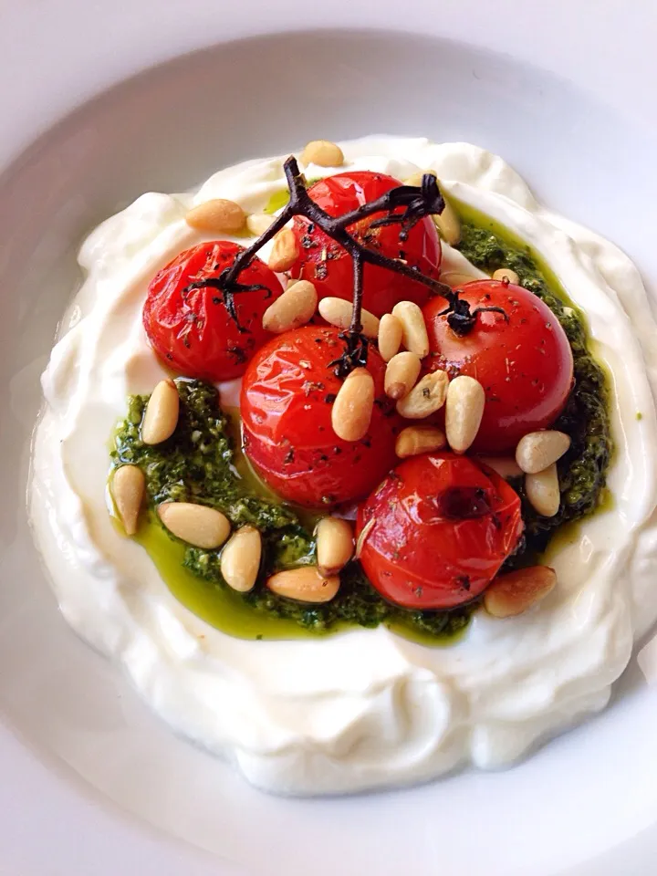 Snapdishの料理写真:Savory breakfast of Greek yogurt with homemade pesto, roasted cherry tomatoes & pine nuts|coxiella24さん