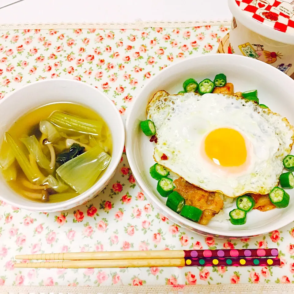 生姜焼き丼とスープ|まりぼんぼんさん