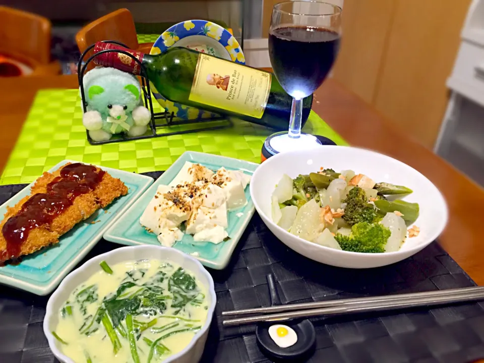 Snapdishの料理写真:スチームベジタブル&チキンかつ🍷|マニラ男さん