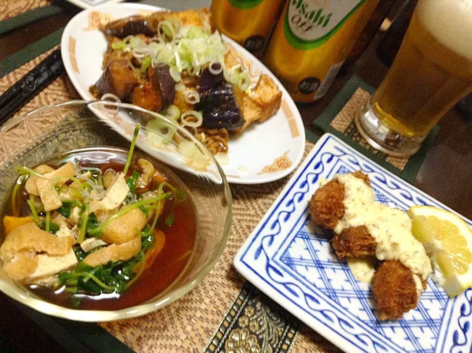 豚肉と茄子と厚揚げの味噌炒め＆豆苗＆カキフライ|まぐろさん