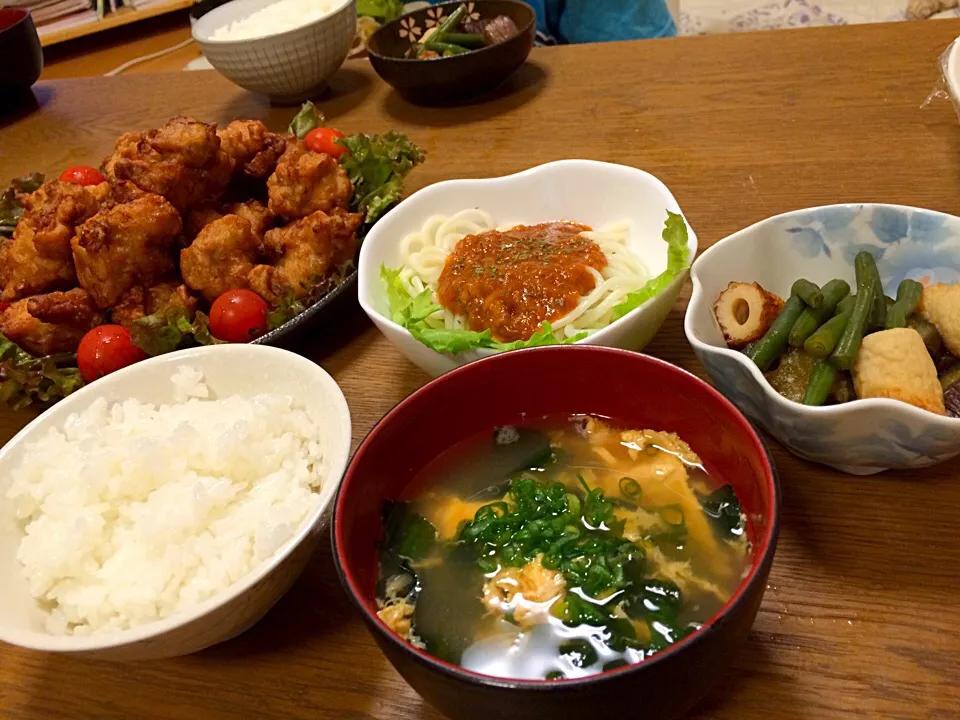 8/26今日の晩のおかず #からあげ #煮物 #ソフト麺 #中華風かきたま汁|chunさん