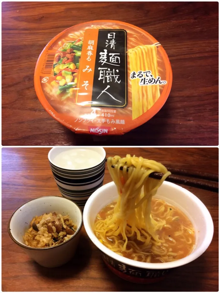 日清麺職人 胡麻香るみそ カップ麺、残りモノ さんま缶の炊き込みご飯 2015.8.26|キラ姫さん