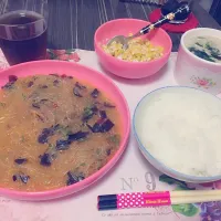 Snapdishの料理写真:麻婆春雨、コーンマヨ、ごまスープ|Miki Babaさん