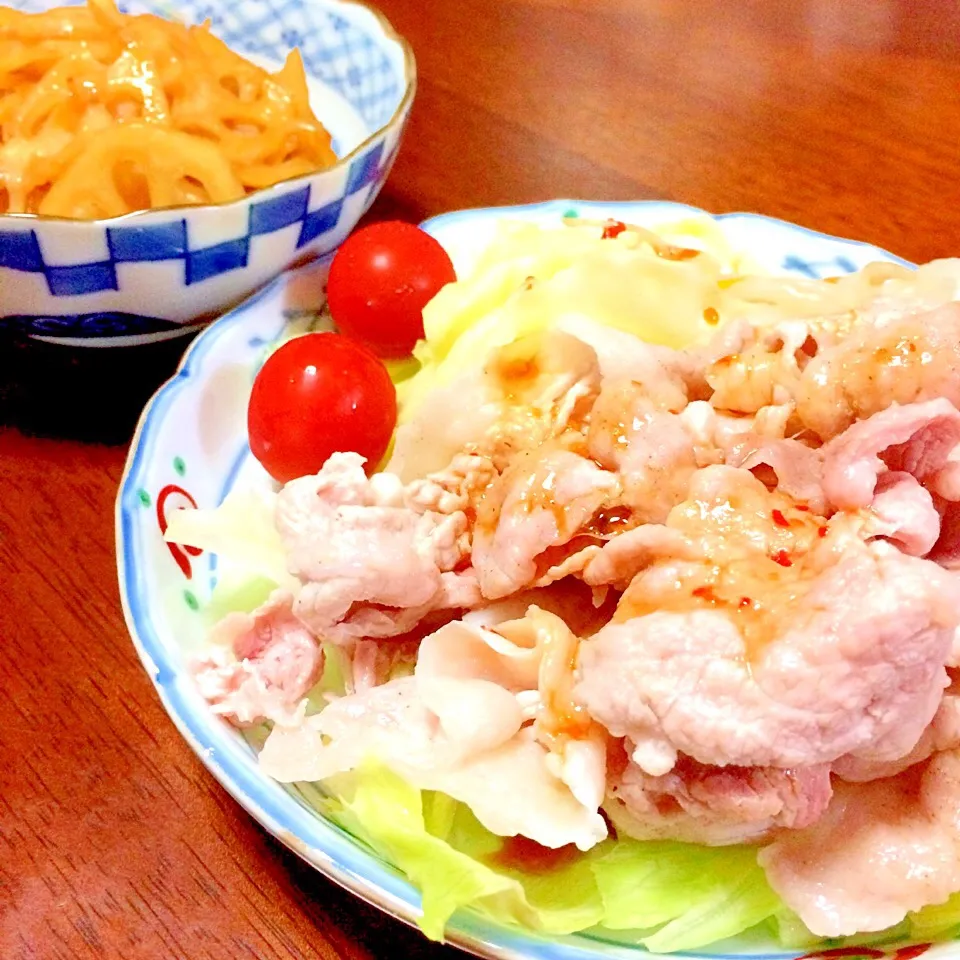 豚しゃぶとレンコンのチンピラで夕食🍚🍚|かずみさん