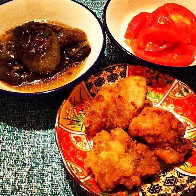 鶏の唐揚げ,ナスの煮浸し,砂糖トマト|りーぴんさん