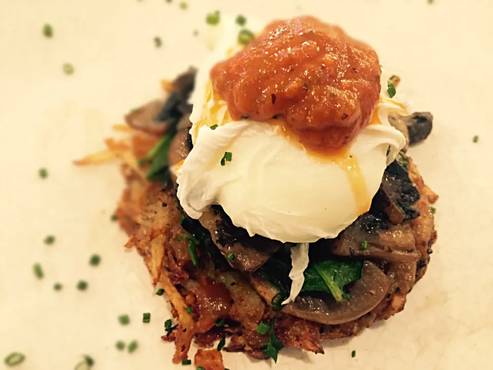 Potato Rosti, mushrooms, baby spinach, poached egg and a spicy tomato salsa|Sergio Lacuevaさん