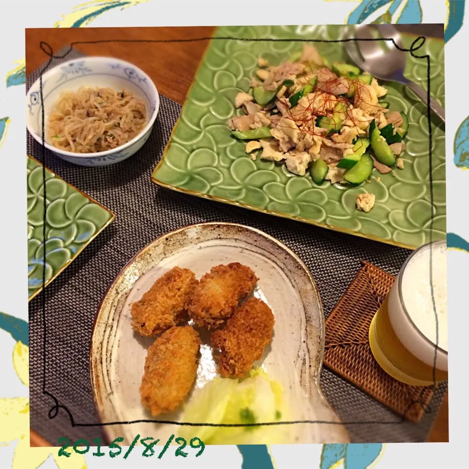 Snapdishの料理写真:豚バラと冷凍豆腐ときゅうりの中華炒め カキフライ 糸こんにゃくとツナの醤油マヨ炒め|𓇼 Ⓢ Ⓗ Ⓘ Ⓝ Ⓞ Ⓑ Ⓤ 𓇼さん