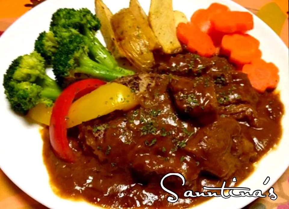 ✨HAMBURGER STEAK with BEEF STEW for dinner...😋ハムバーグステーキ(お昼のリメイク😊)ビーフシチューかけて、いただきまーす！(*^_^*)✨|🌺Sanntina🌺さん