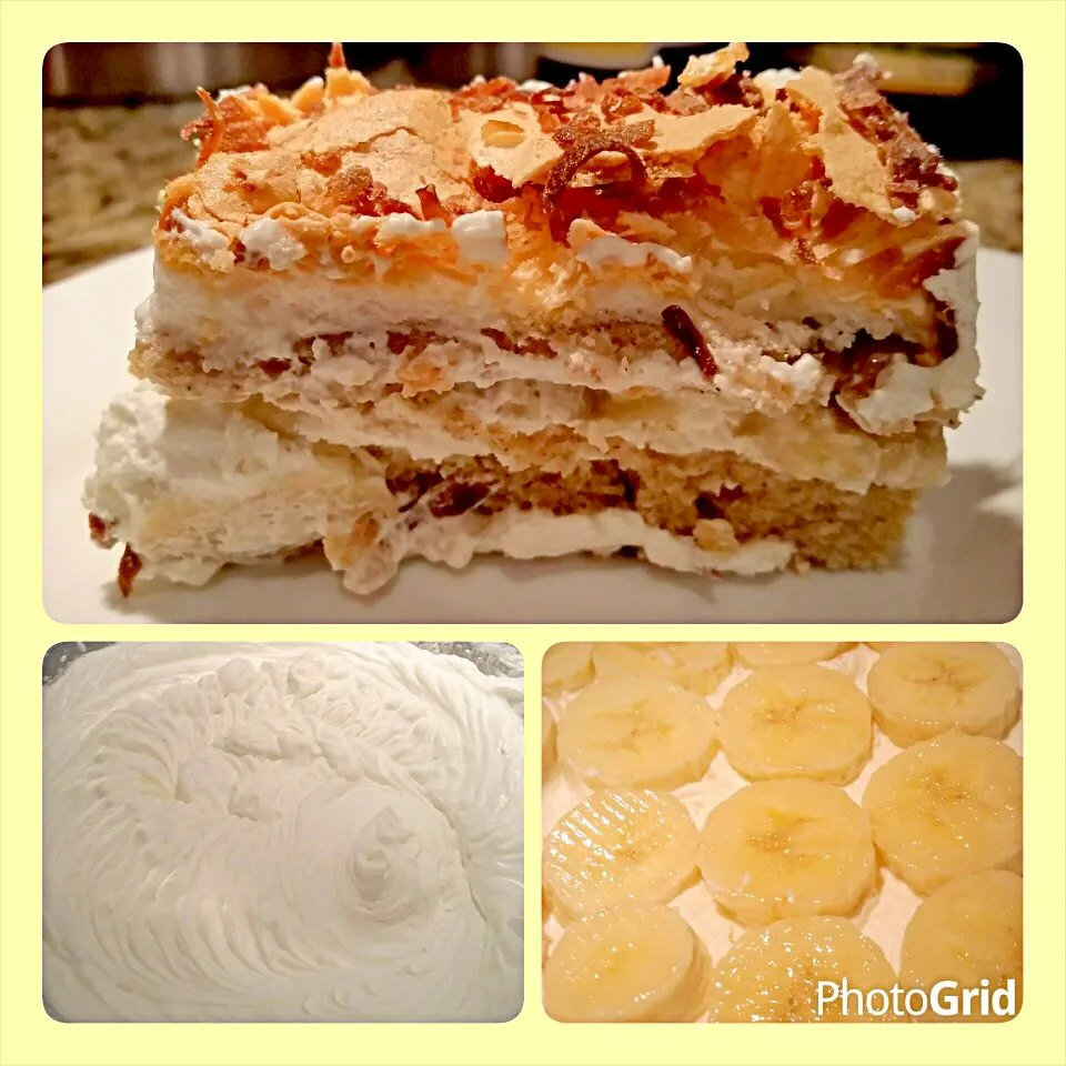 Banana cake with fresh made whipped cream and sliced bananas and topped with coconut!|Jihollandさん