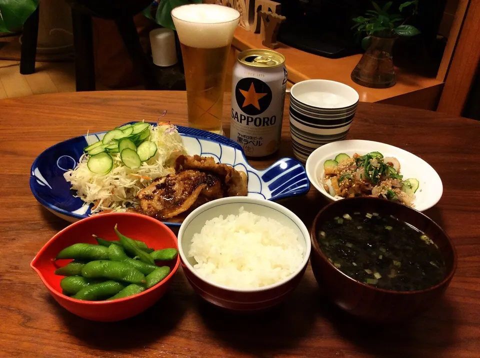 豚ロース生姜焼き、ちくわ&きゅうり納豆、枝豆、海苔のお味噌汁 2015.8.29|キラ姫さん