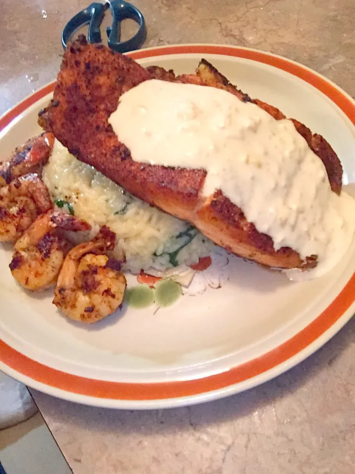 Snapdishの料理写真:Blackened Salmon n Shrimp w/Lobster, Spinach n Shroom Risotto|Chef Ampさん