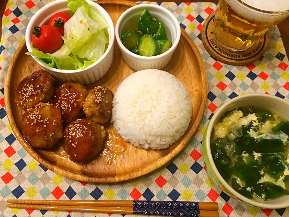 Snapdishの料理写真:甘酢だんご  やみつききゅうり わかめと卵の中華スープ|haseseさん