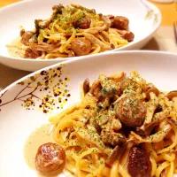 Linguini and meatballs in porcini cream sauce