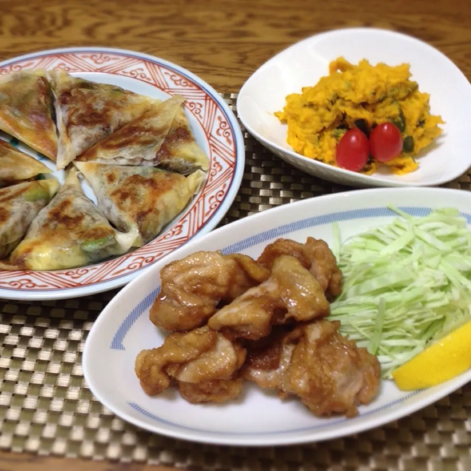 アボカドと納豆の焼き春巻き・カボチャとレーズンのサラダ・鶏唐揚げ|美也子さん