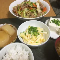 Snapdishの料理写真:豚肉ニンニク焼き、大根煮生姜あんかけ、山芋短冊卵黄和え、柚子冷奴、お味噌汁。|Angie44さん