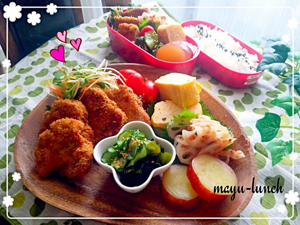 今日の置きランチ＆お弁当❤バジルとチーズたっぷりパン粉でヒレカツ・柚子塩だし巻き・きゅうりと若芽の三杯酢・蓮根の梅肉和え・さつまいものレモン煮🌟|まゆさん