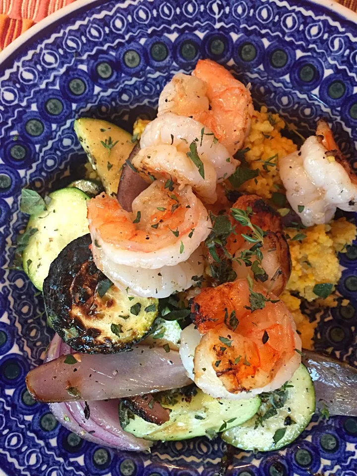 grilled shrimp and vegetables with saffron couscous salad|Matthew Cashenさん