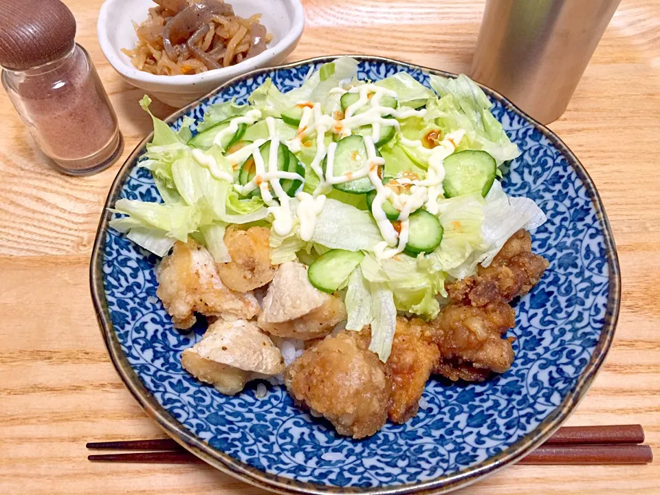 カンパチのノドと鶏ももの唐揚サラダ丼&切干し大根✧*|Makiさん